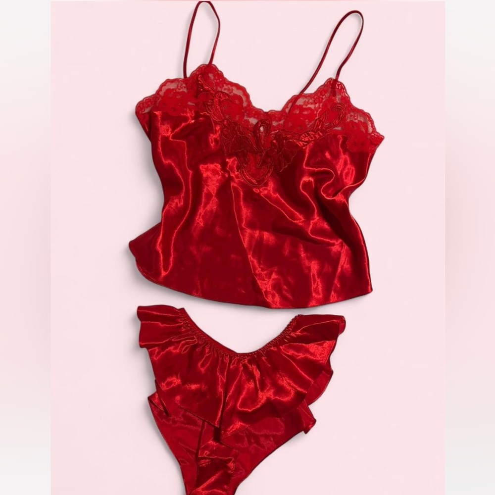 Vintage Red Satin Lace Lingerie Chemise Set - image 1